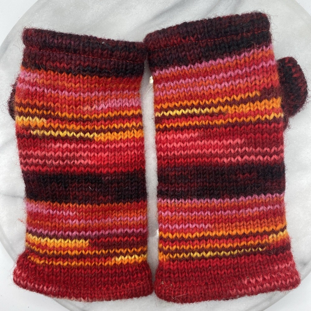Unbranded Womens OS Fingerless Gloves Red Multi Striped Fleece Lined Hand Knit